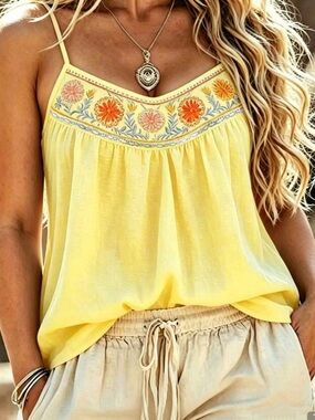 NEW Boutique Yellow Tank with Embroidered Flowers